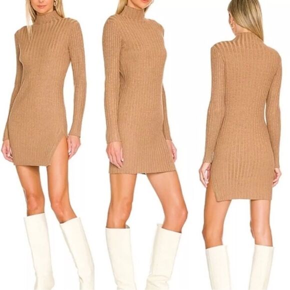 SNDYS Dress Womens Size Small Coffee Ribbed Sweater Bodycon Mini Mock Neck New - Picture 1 of 15